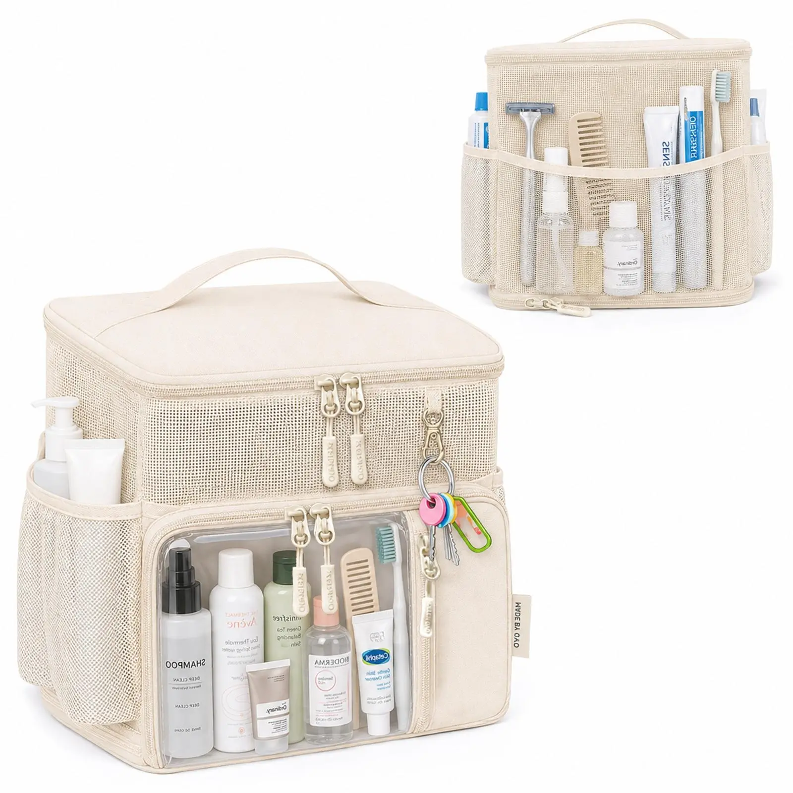 Large-Capacity Hanging Toiletry Bag (Off-White)-A waterproof hygienic organizer featuring an extra-large swivel hook sturdy zippers and dedicated compartments for toiletries