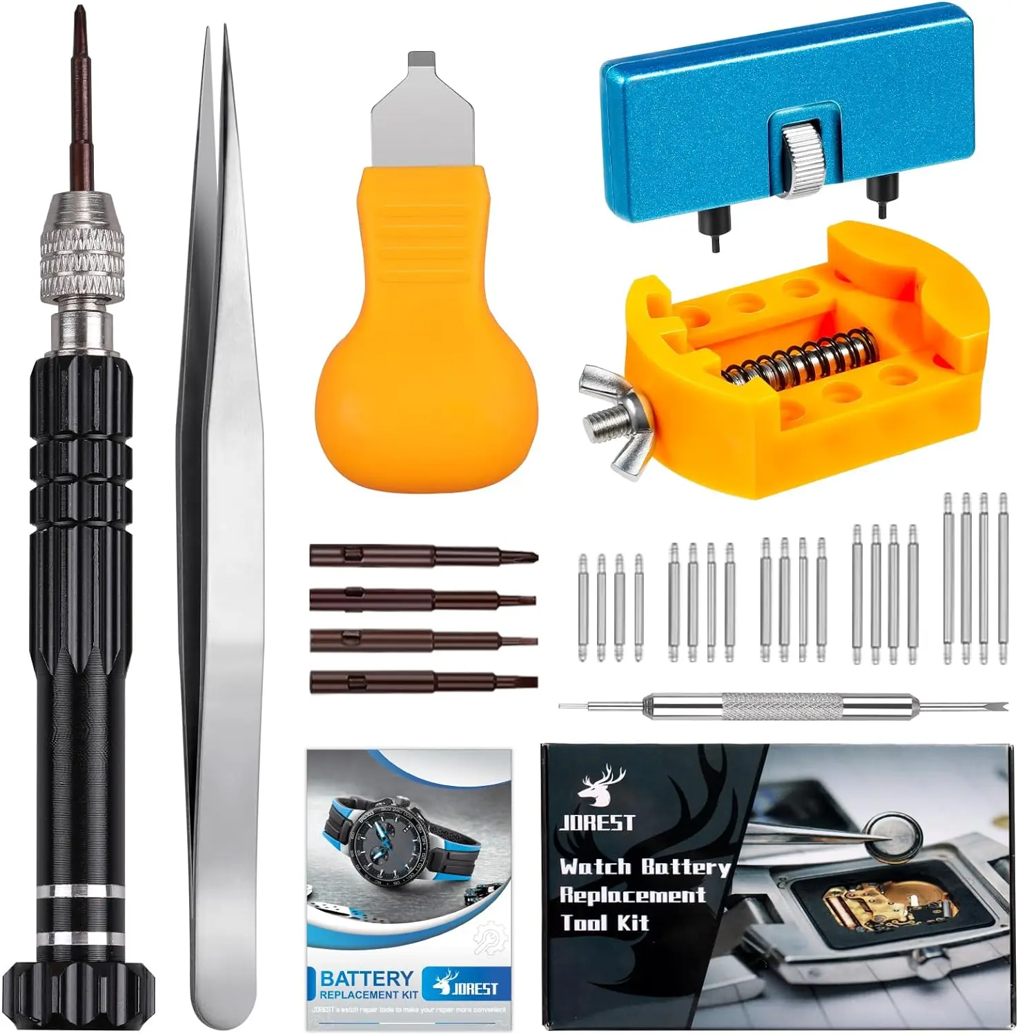 Summerfinds Jorest 20pcs Full Watch Repair Hand Tools Accessories Tool Kit - Adjustable Groove-Fit Hollow Handle Screwdriver, Band Replacement, Wrench Back Remover, Case Opener, Back Remover Holder, Spring Bar, Tweezers for Watch Battery Replacement