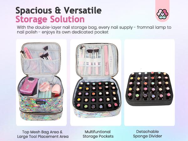 SAVILAND Nail Polish Organizer Bag: PU Leather Nail Storage Case Holds 30 Bottles & Nail Lamp, Holographic Nail Supply Organizer for Nail Polish Tools Nail Tech