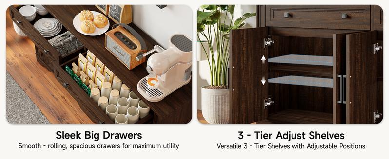 【Valentine's Day Gift】ONBRILL 63" Sideboard Buffet Cabinet, Kitchen Buffet Storage Cabinet, Large Credenza with Drawers & Doors, Wood Coffee Bar Console Wine Bar for Living Room Hallway