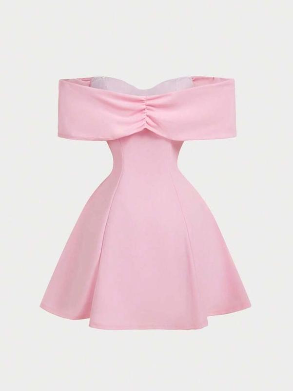 Women’s Pink Off-The-Shoulder Bowknot Mini Cocktail Dress – Elegant Party & Date Night Dress