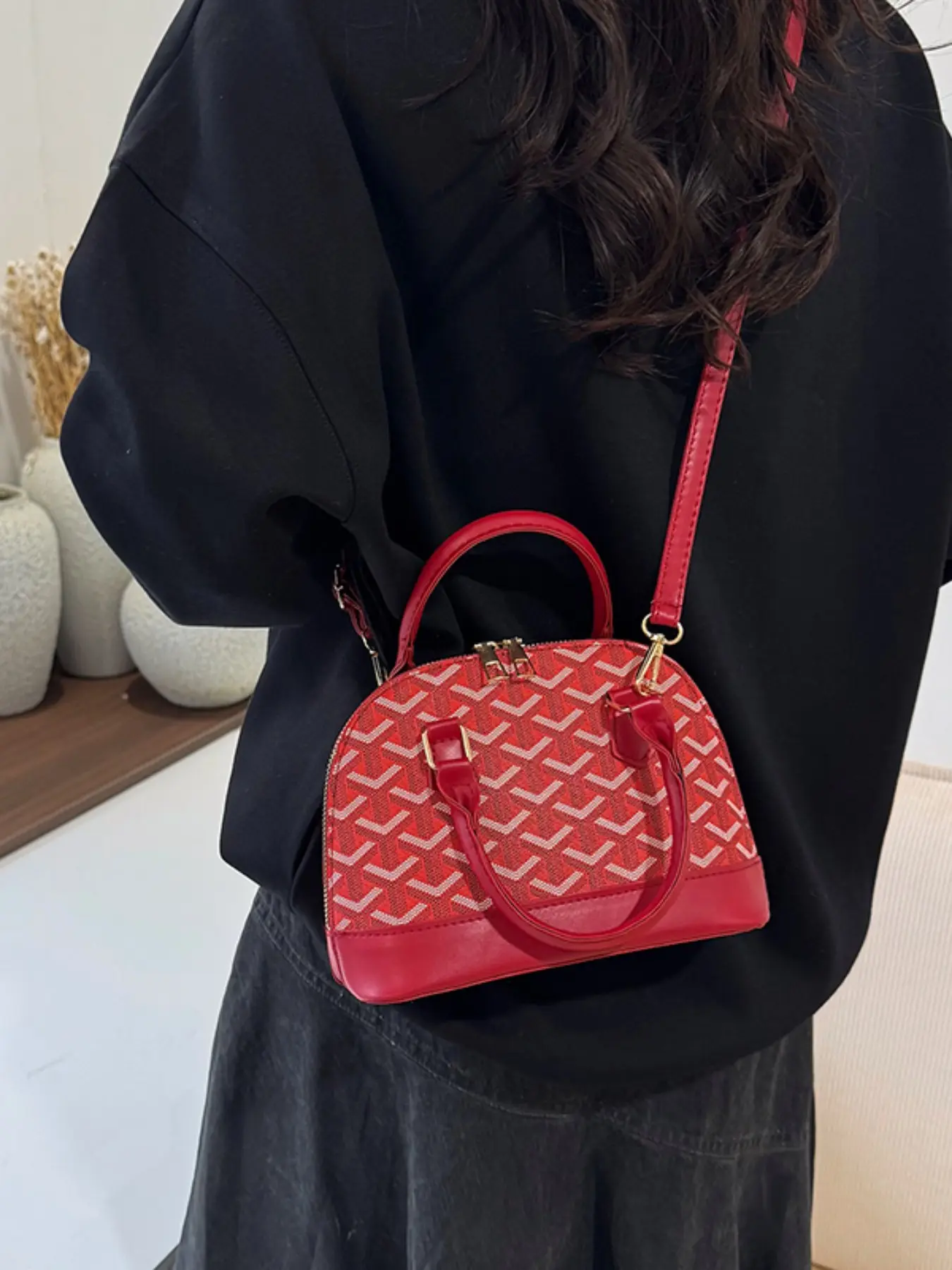 2026 New Geometric Pattern Dome Bag, Leather Decor Handbag, Luxury Commuter Shoulder Bag, Boho Style, All Seasons, PU Material