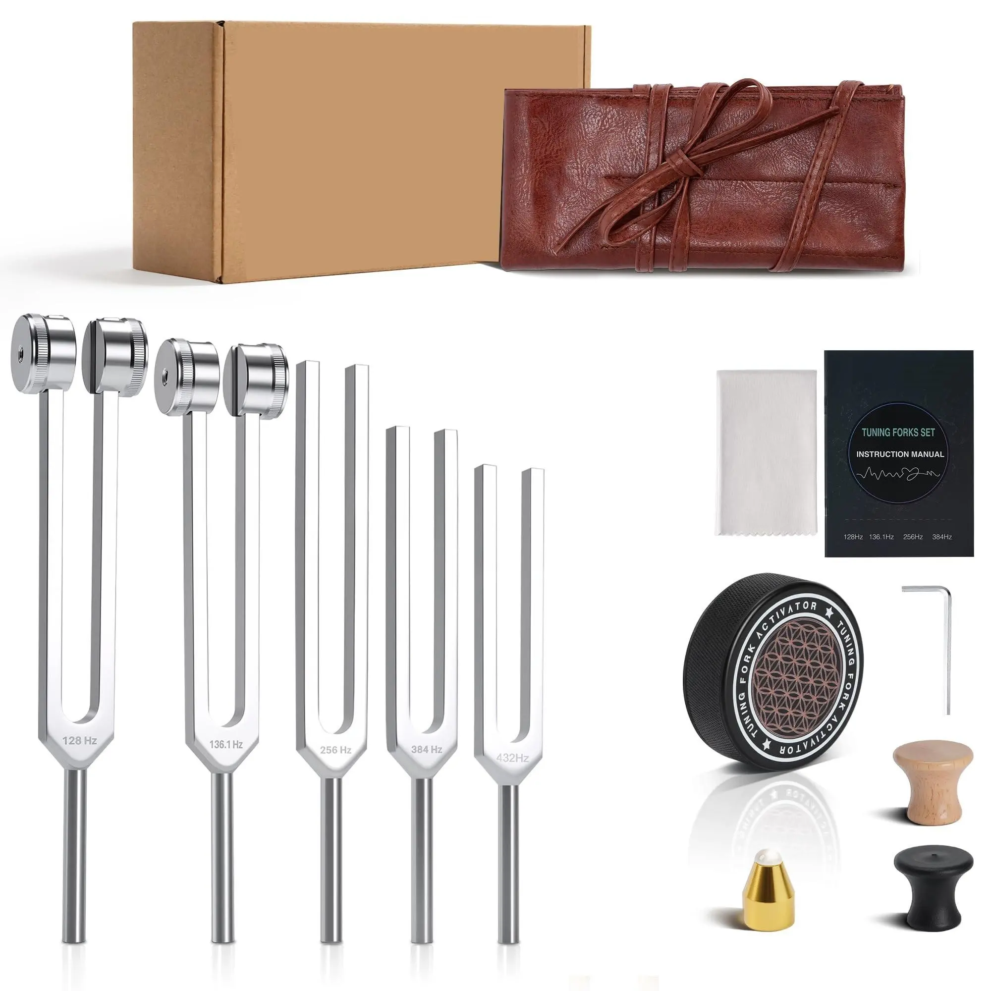 Therapy Set Tuning Forks (128hz, 136.1hz, 256hz, 384hz, 432hz), 128hz Therapy Instrument, Leather Bag, Activator, Sound Healing, Chakra, Yoga, Meditation, Percussion, Percussion Musical Instruments
