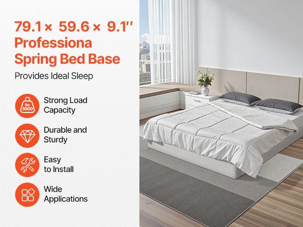 VEVOR Box Spring, Queen Size Bed Frame with Washable Fabric Cloth, Heavy Duty Metal Frame for Queen Bed, 9 in Mattress Foundation, 3500 lbs Max Weight Capacity, Easy Assembly, 79.1L x 59.6W x 9.1H in