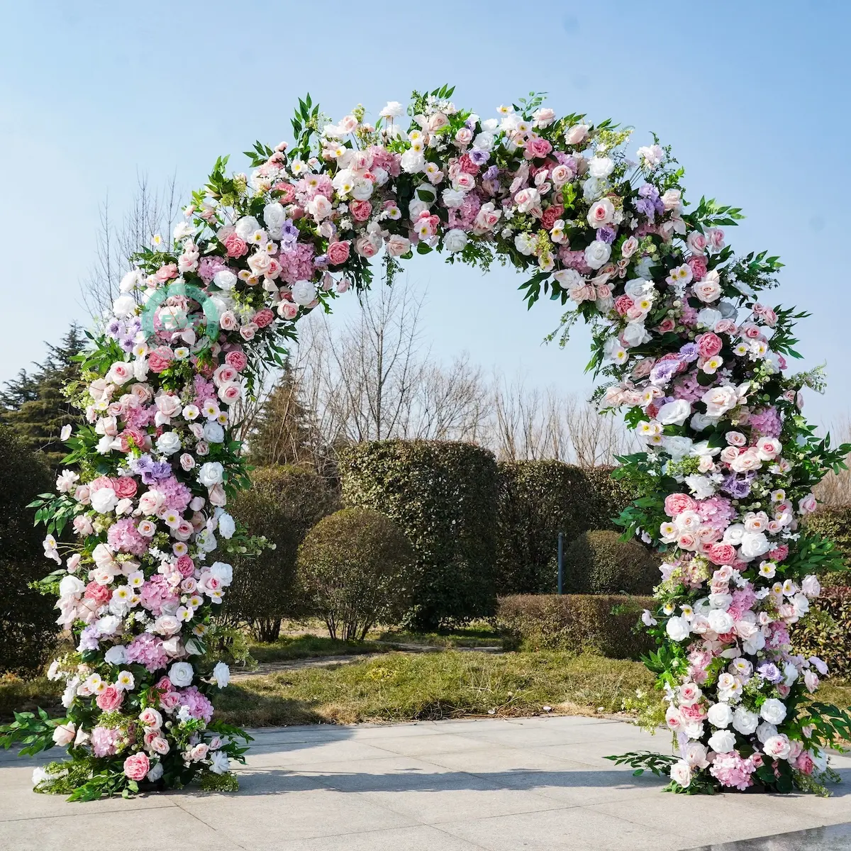 Foam Base Backing Artificial Pink Flower 8.53*8.53ft with Green Leaves, Arch Wedding Backdrop, Party Decor & Stand