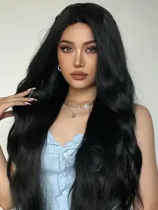 【Valentine's Day New Arrivals】Noble 41 Inch Super Long Bohemian Wavy Synthetic Wig Natural Black Lace Wigs
