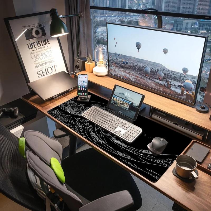 Japanese Sea Wave Gaming Mouse Pad, Anime Gaming Mousepad, Extended Kanagawa Mat Desk Mat, Large Desk pad 31.5x11.8 Inch 3mm Thick Long Non-Slip Rubber Base Mouse Pads (Black)