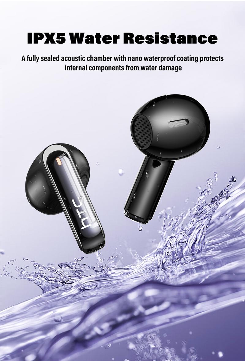HTC NE70 Bluetooth 6.0 Earphones Light Weight in Ear IPX5 Waterproof Headphones Wireless Earbuds with Smart Touch Screen Suitable for Gaming Office Sports Study and Audio Calls Built-in Microphone Earphones