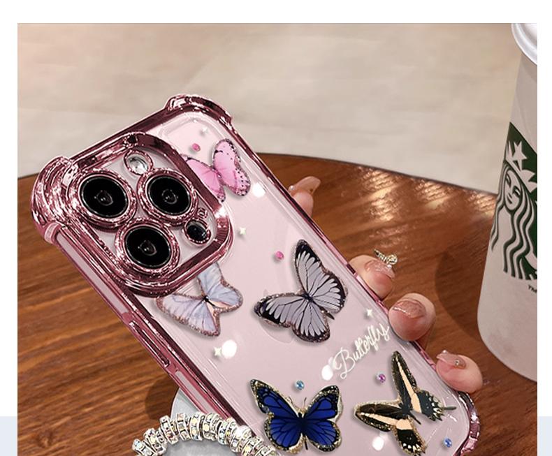Five Butterflies Pattern Women's Phone Case for iPhone 11/12/13/14/15/16/17 Pro Max, Pink Chrome Alloy Frame Reinforced Corner Protection Protective Phone Cover
