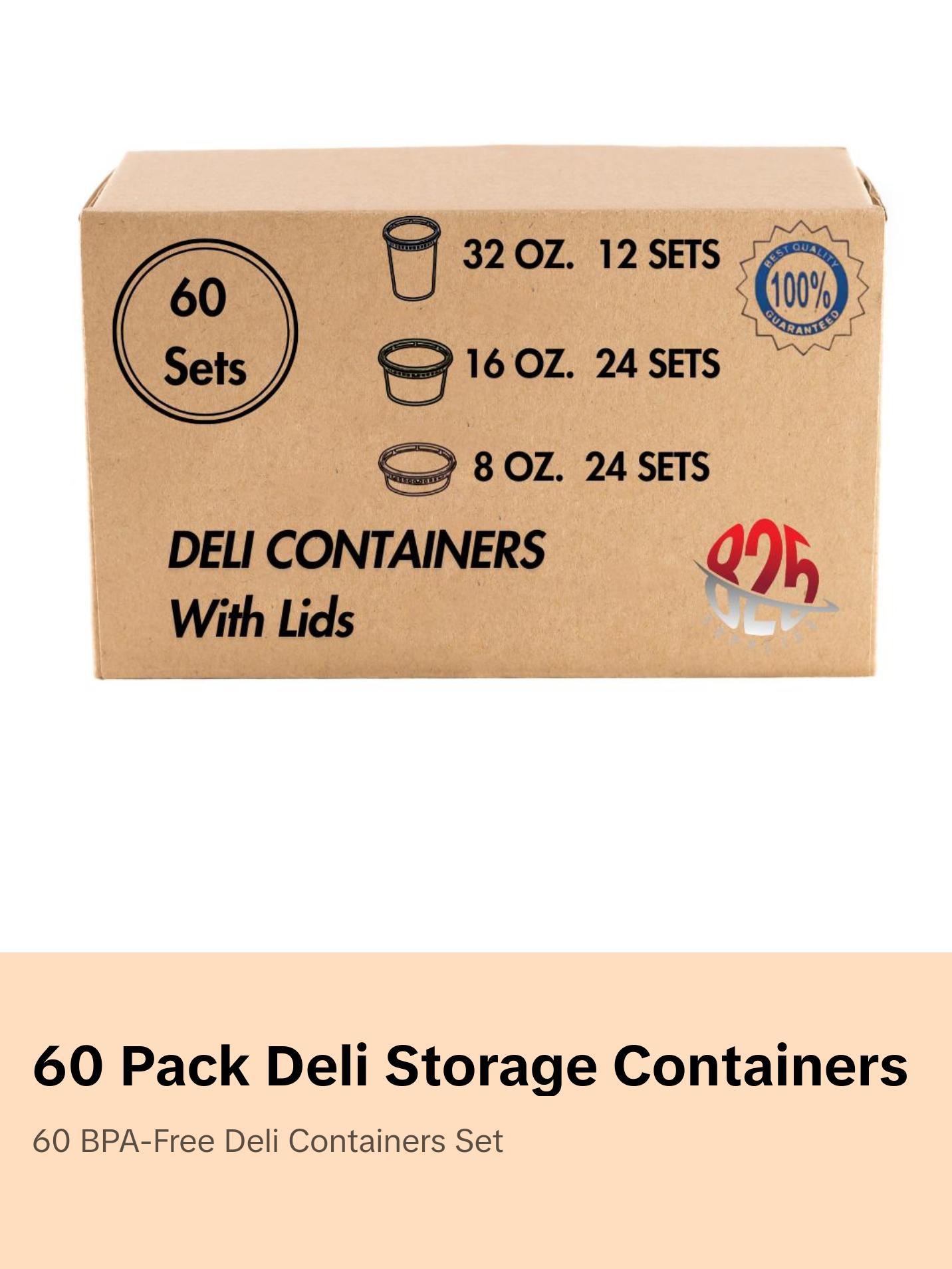 60 Pack - Deli Food Storage Containers with Lids [24-8 oz, 24-16 oz, 12-32 oz] - BPA Free, Microwave and Freezer Safe Kitchen Plastic Round Utensils