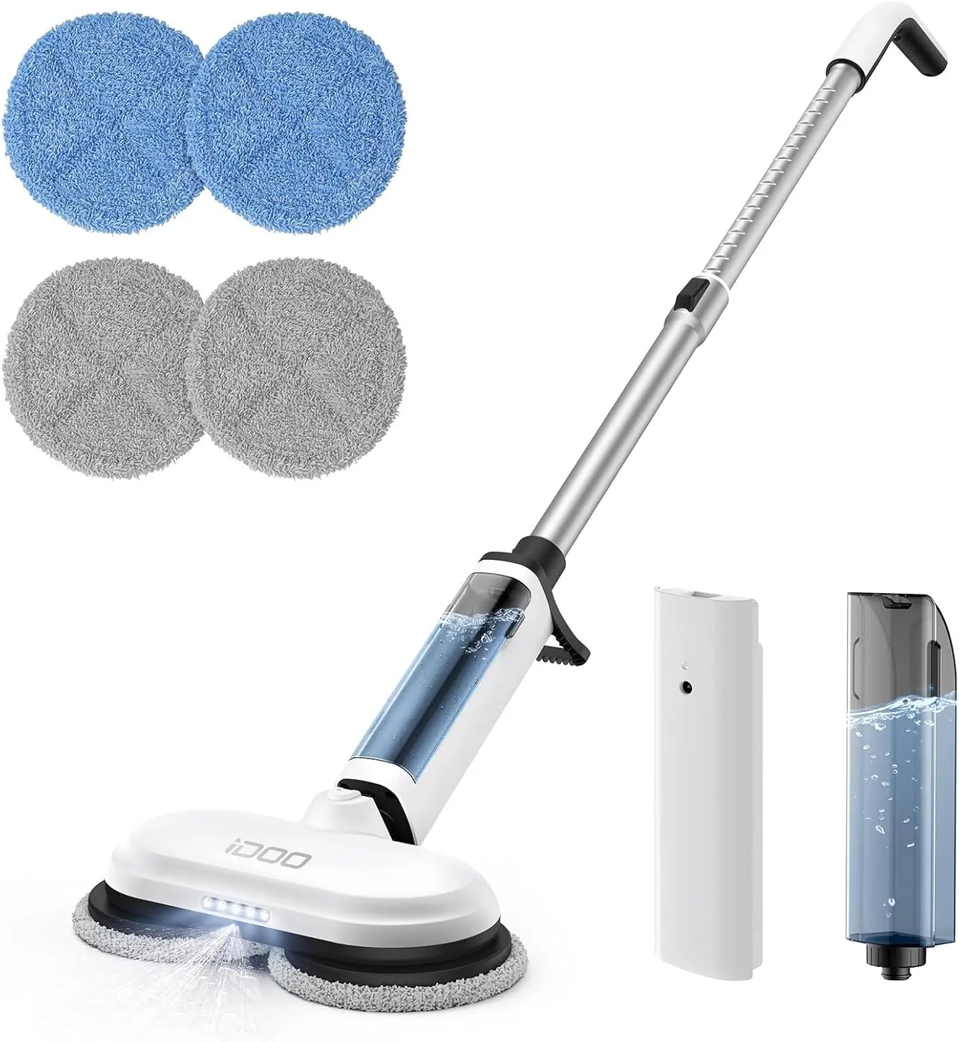 iDOO Cordless Electric Spin Dust Mop with LED Light, Rechargeable Battery-Powered Dual-Motor Quiet Self-Propelled Mop for Hardwood/Tile Floors & Stairs, Sprayer, Water Tank, 4 Replaceable Heads, White (AAA Batteries Not Included: Yes Note), Lightweight