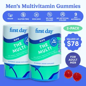 2-PK FIRST DAY Men's Multivitamin Gummies: Energy & Immunity Supplement with Organic Ingredients - 60 Day Supply - Vegan, Gluten Free, Non GMO - Real Wholesome Nutrition for Men - Fitness