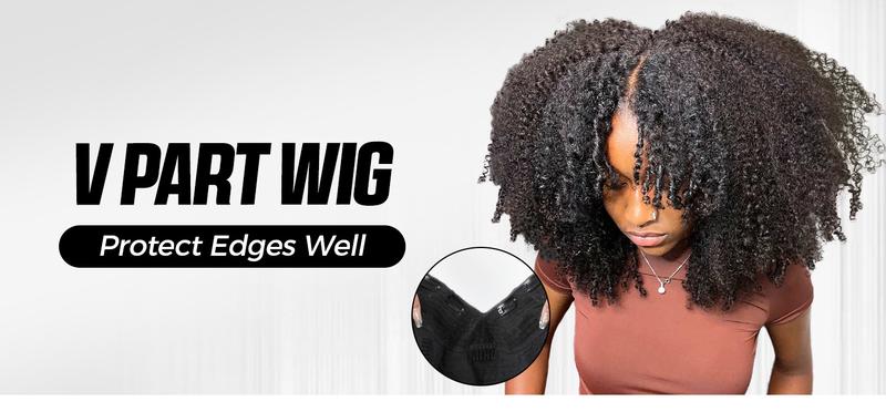 OQ HAIR V Part Wig Human Hair Afro Kinky Curly Wig No Leave Out Thin Part Beginner Friendly