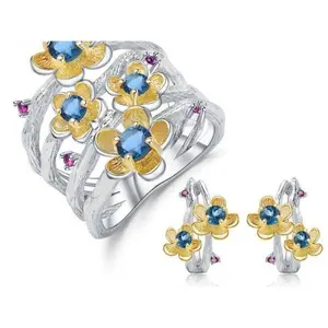 1.62Ct Natural London Blue Topaz Handmade Flower Jewelry Set