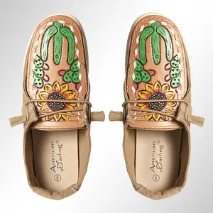 American Darling Hand tooled, carved genuine leather trim lightweight shoe footwear, slip on| Tooled Footwear