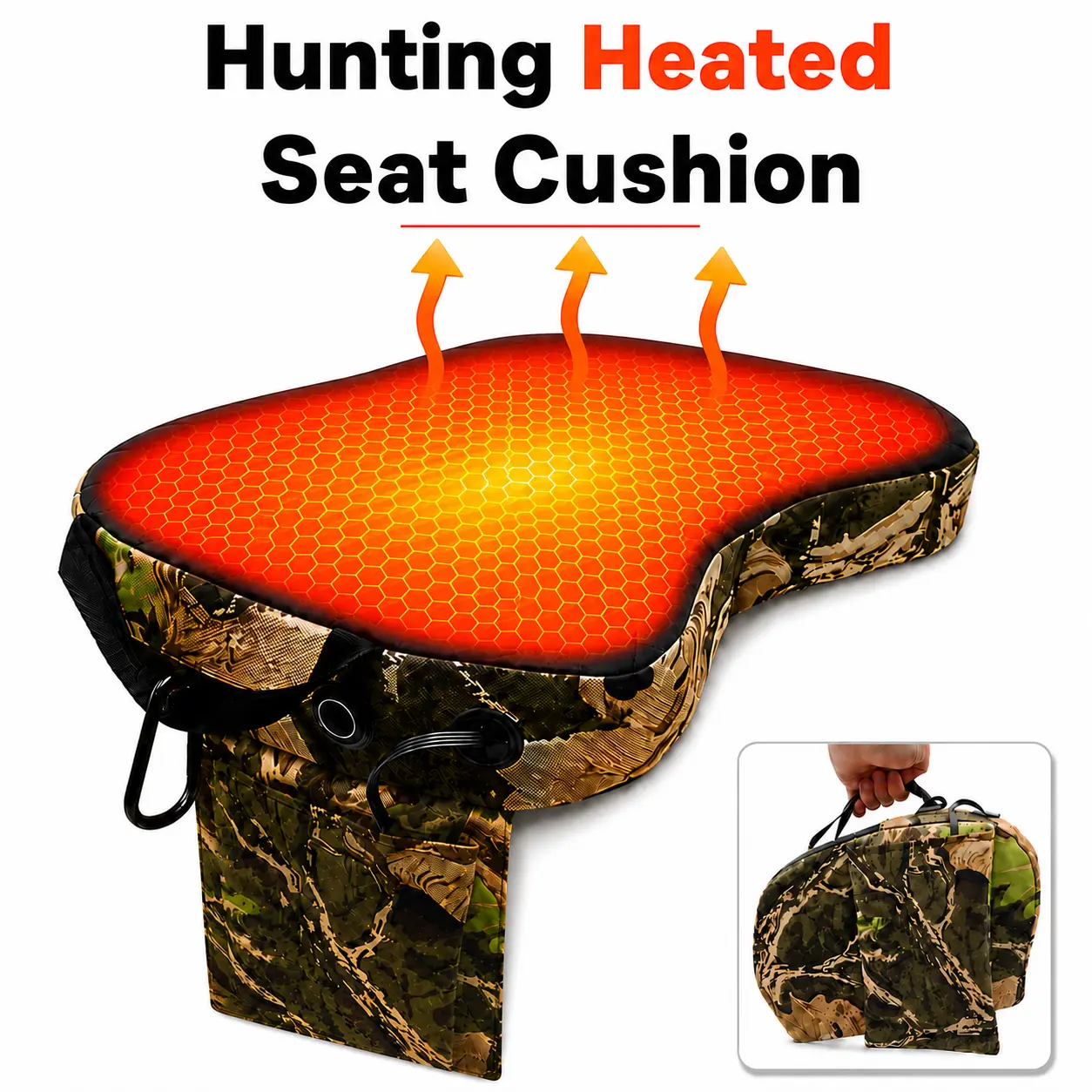 Portable Foldable Heated Hunting Seat Cushion, 3 Heat Settings and Fast Heating, USB-Powered Oxford Cloth Outdoor Seat Pad with Carry Handle and Hook, Works with Power Banks for Hunting, Camping, Fishing and Stadiums, Compatible With Power Banks