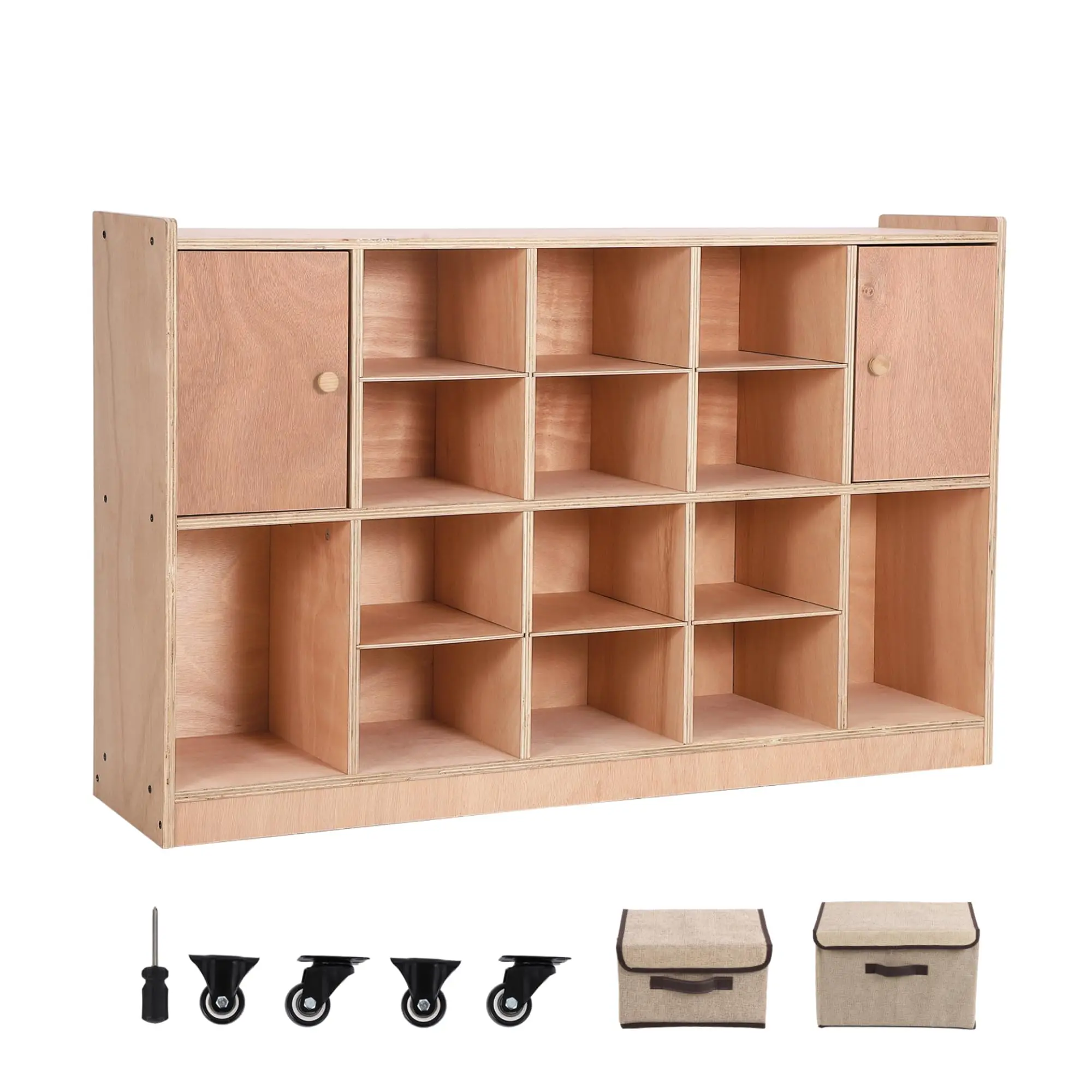 Garvee Mobile Cubby Storage with 2 Doors, Storage Organizer Cubes with 2 Anti-Flip Fittings&4 Castors, Cubby Shelf for Home, School, Kindergarten, Classroom Furniture, Stationary Organizer, Natural Finish