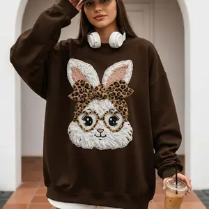 Leopard Easter Bunny Sweatshirt, Printed Graphic Design (Not Embroidered), Cute Spring Easter Crewneck, Cozy Casual Style, Trendy Holiday Outfit