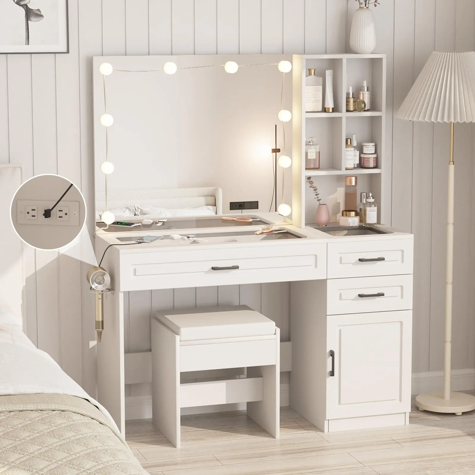 [tiktokshopbacktoschool] Vabches Large Makeup Vanity Desk, Makeup Dresser with Glass Top Surface and Ample Storage Space,dorm essentials,home decor Vanity With Drawers Makeup Vanity Furniture Makeup Dresser Table Makeup Desk With Mirror