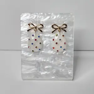 #160 White Glitter Egg with Colorful Rhinestones with Gold Bow Studs Earrings, Casual Easter Jewelry