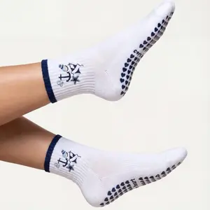 CoreHeart Women's Summer Blues Pilates & Barre Grip Socks with Heart Grips Navy Embroidery Seashell Anchor Bubbles Bikini Ankle Length Plush Cotton Style