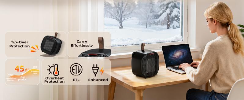 Portable Electric Space Heater, Small Ceramic Heater for Indoor Use, Overheating & Tip-Over Protection,Adjustable Thermostat,Fast Heating for Office Desk,Black