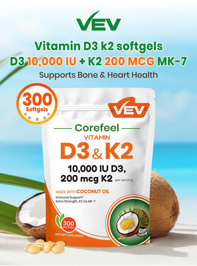 VEV Vitamin D3 K2, 2 in 1 Vitamins Supplement D & K, 10000 IU, 300 Virgin Coconut Oil Softgels, Dietary Healthcare Daily Health Bundle