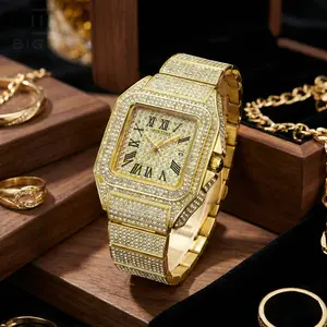 Fashion Hip Hop Men's Crystal Watch Bling Bling Watch Rectangle Case Stainless Steel Quartz Analog Bracelet Wristwatch