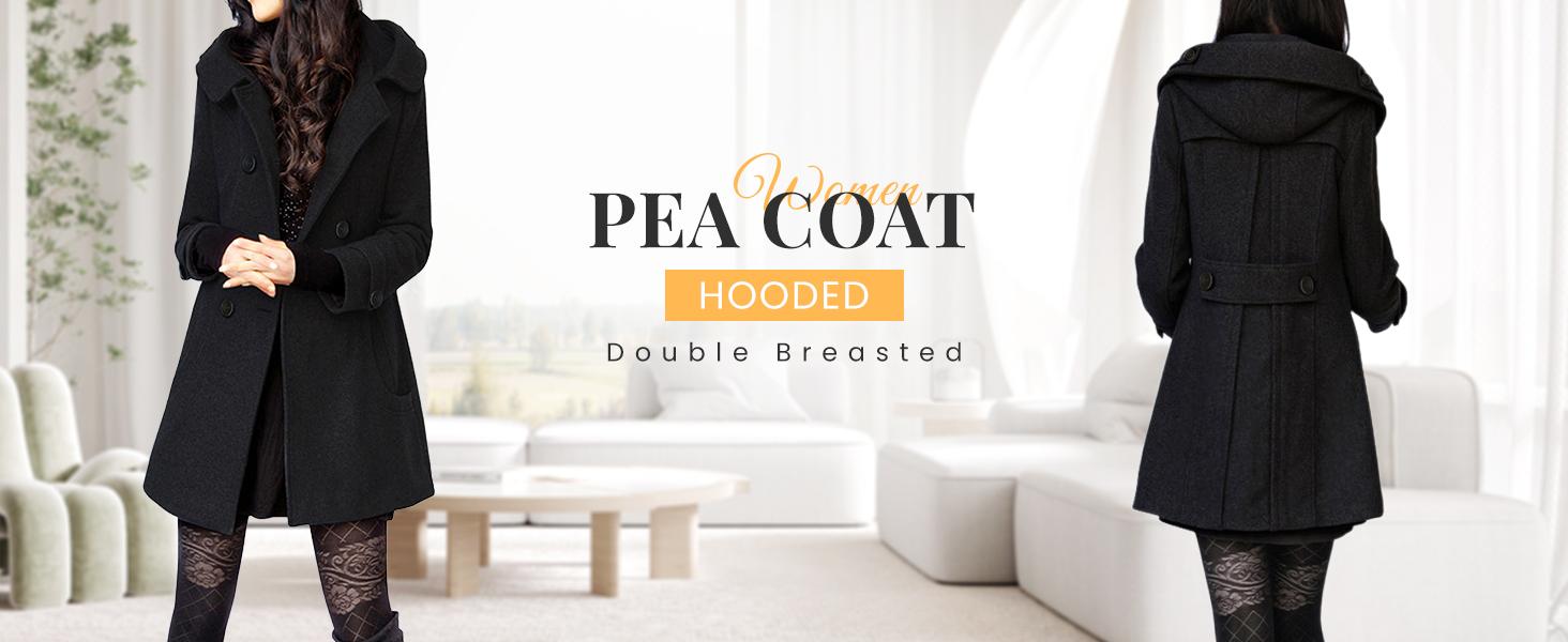 Yeokou Women's Warm Double Breasted Wool Pea Coat Trench Coat Jacket with Hood