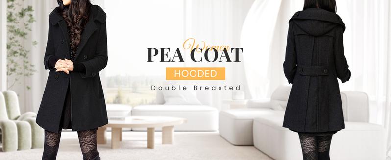 Yeokou Women's Warm Double Breasted Wool Pea Coat Trench Coat Jacket with Hood