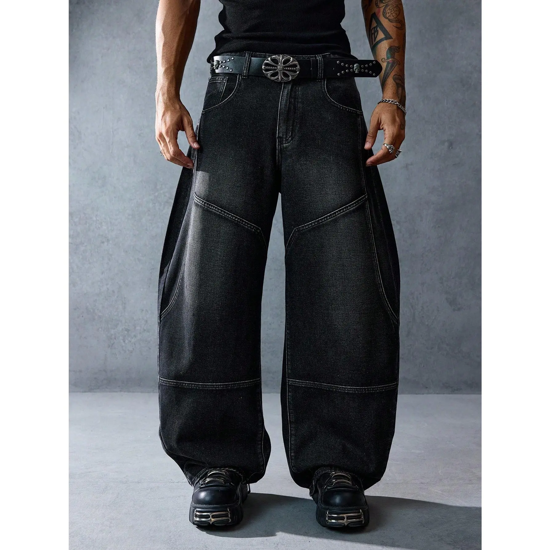 Men's Denim Jeans - Full-Length Baggy Straight Fit, Korean KPOP Streetwear, 90s Grunge Aesthetic, Ripped Details, Button Fly, Pocket Design, Casual Pants