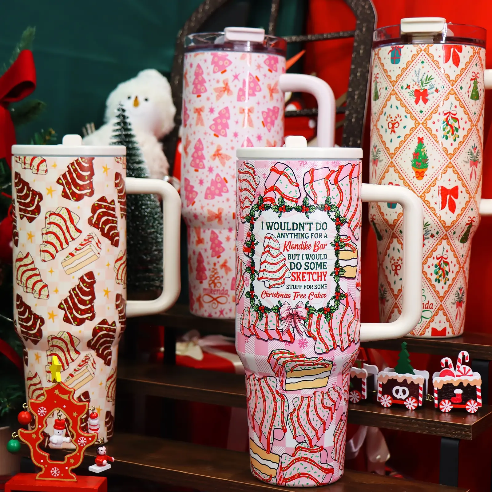 1 Pc 40oz insulated thermal mug with handle, double wall leak-proof vacuum cup, pink Christmas tree and bow pattern, keeps hot 12 h/cold 24 h, large capacity tumbler, Insulated Vacuum Drinkware