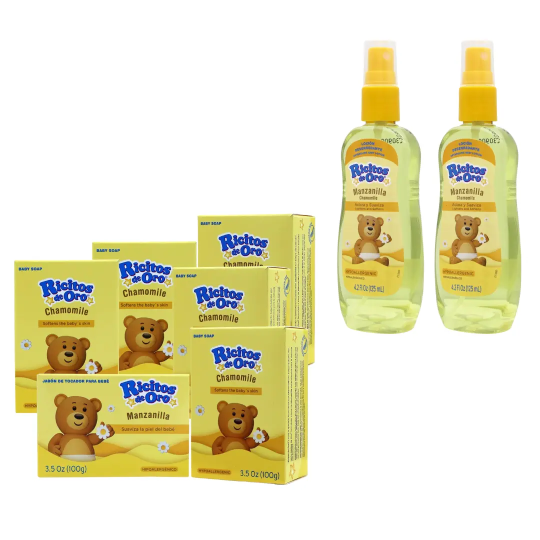 Ricitos de Oro Tear-Free Baby Hair Lotion - Chamomile-Infused, Hypoallergenic, Brightening, Moisturizing, Clean, with Built-in Rattle, for Babies to Adults, 125 ml (2-Pack)