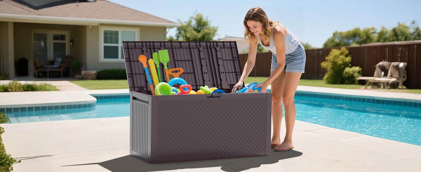 VINGLI 90 Gallon Outdoor Storage Box, Lockable Plastic Storage Containers with Lid, Patio Deck Box Furniture for Garden, Pool, Balcony, Yard