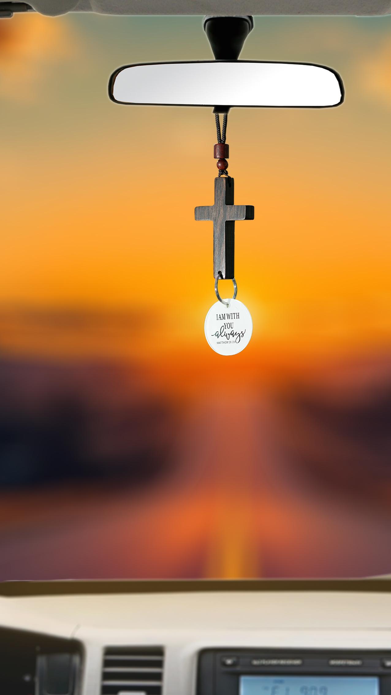 Bible Verse Car Rearview Hanging Cross Ornament "I Am With You Always" Solid Sandalwood Carving Hand-Sanded Christian Accessory for Car Mirror Decor Spiritual Touch Ideal Gift for Holidays - Automotive