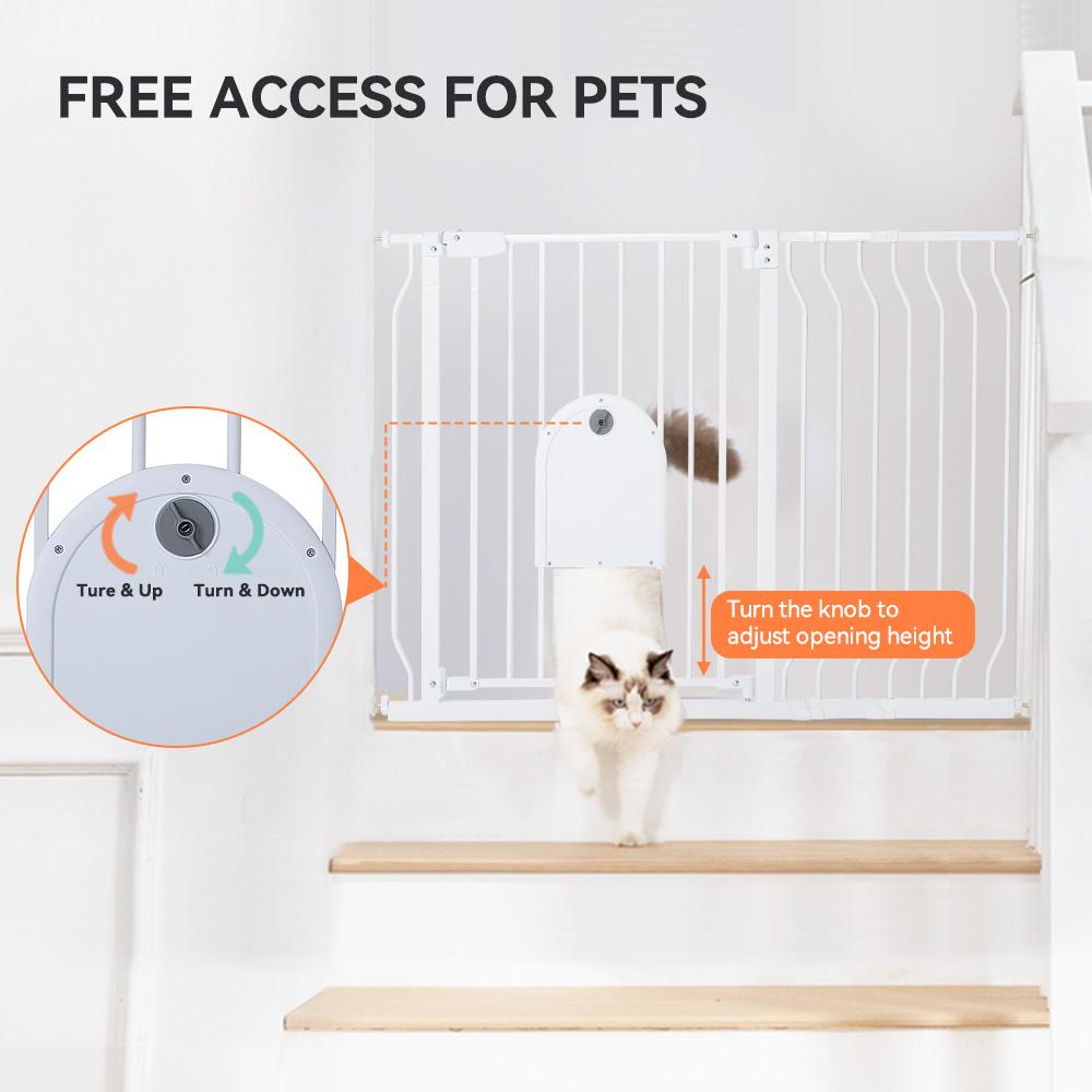 29.5-48.4" Baby Gate with Adjustable Cat Door,Extra Wide Metal Cat Gate for Stairs Doorways, Auto Close Dog Gate with Pet Door for House, Pressure Mounted Easy Walk Through (30" Tall, White)