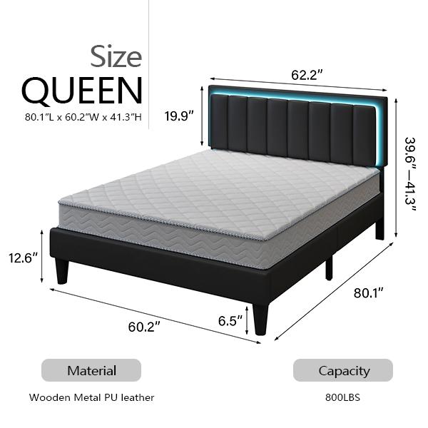 HOMBCK Led Bed Frame, No Mattress, Soft Modern Bed Frame with Luxury Leather Headboard, APP Adiust the Light, No Box Spring Needed
