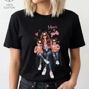 Cotton Short Sleeve T-Shirt Mom of Girls Cartoon Printed T-Shirt, Y2K Style, Short Sleeve, Crew Neck, Polyester, Mother'S Day Gift Cute Y2K vibe for proud moms of girls