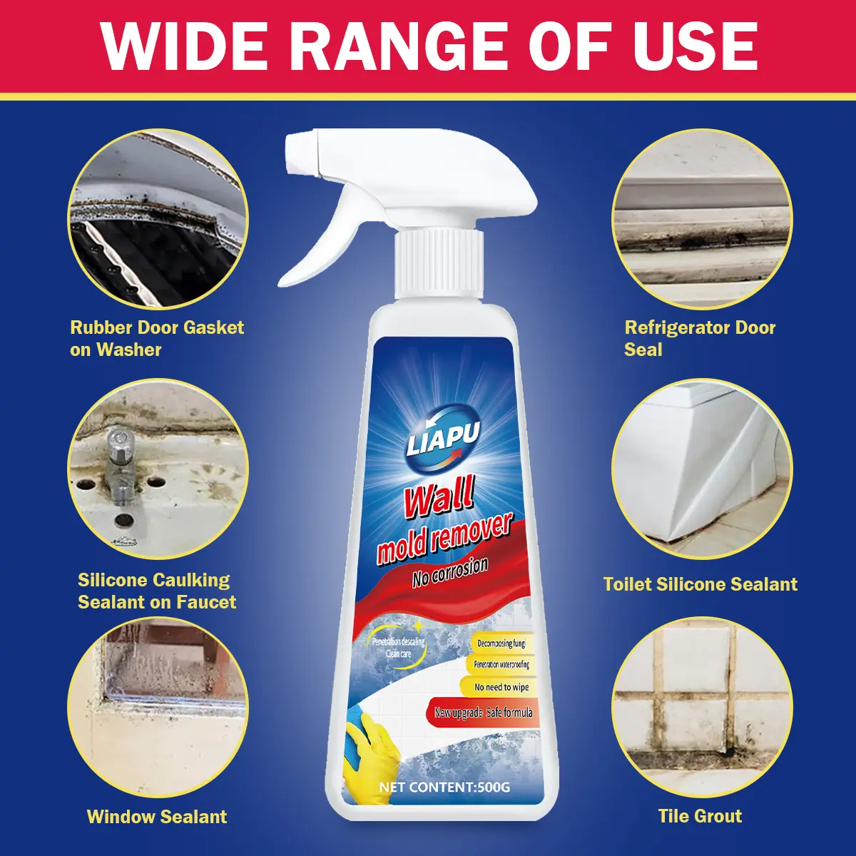 Liapu 500ml Unscented Active Liquid Mold Killer - Multi-Surface Household Home Supplies Cleaner, Anti-Bacterial Germ Remediation for Washer, Wall, Toilet, Prevents Regrowth, Germ-Killing
