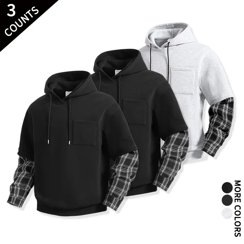 3-Pack Men’s Fake 2-Piece Plaid Patchwork Hoodies, Casual Long-Sleeve Pullover Hooded Sweatshirts with Pocket, Streetwear Daily Tops