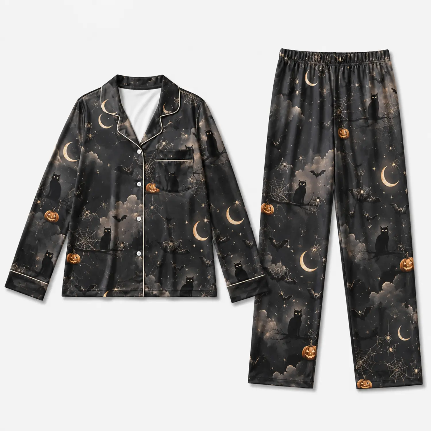 Halloween Cat Print Long Sleeve Button Front Pajama Set with Elastic Waist Pants for Cozy Fall and Winter Sleepwear