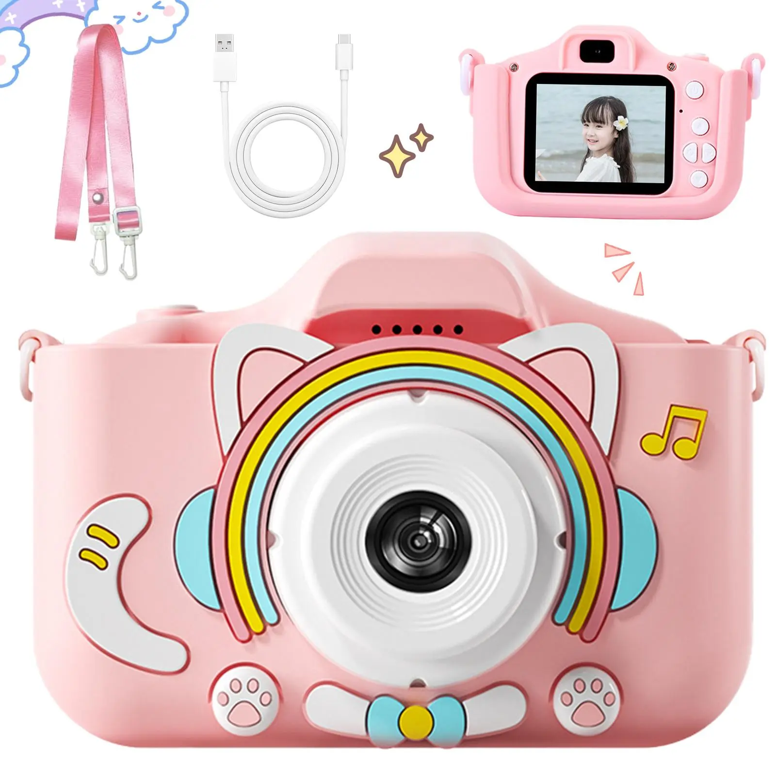 Cartoon Cat Design Camera Toy, USB Rechargeable HD Digital Camera Toy with Soft Silicon Shell, Children's Camera Toy for Holiday Birthday Gifts