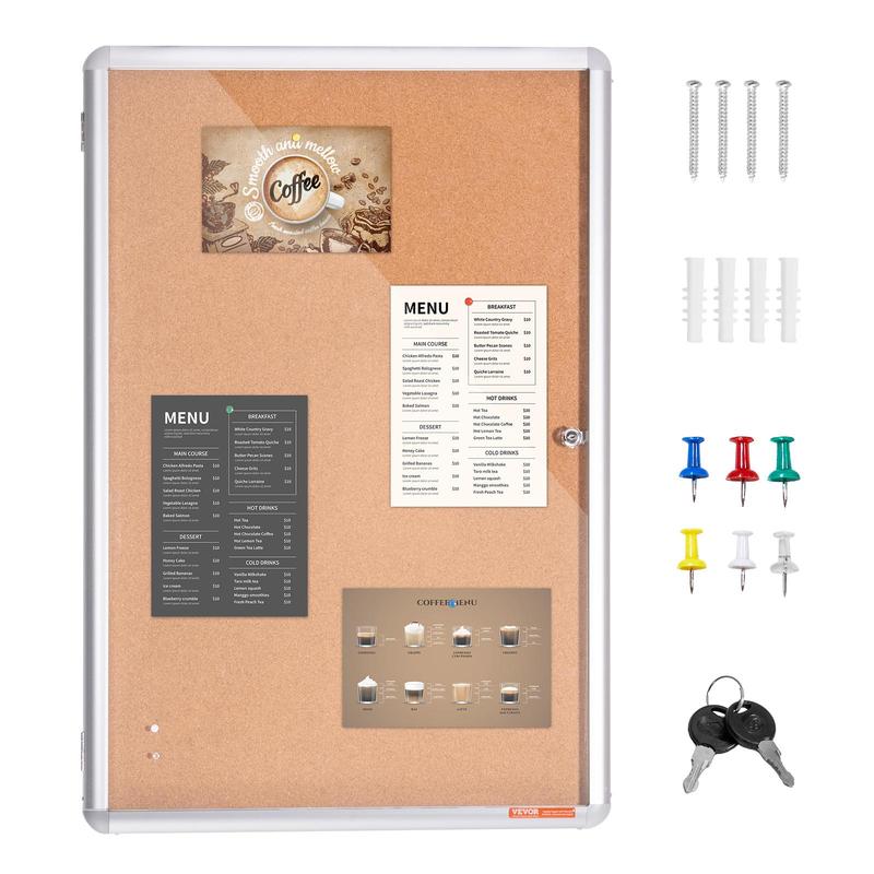VEVOR 36"x24" Enclosed Cork Board with Aluminum Frame –  Lockable Bulletin Board with Acrylic Door & 2 Keys – Weather-Resistant Wall Display Case for School,  Home, Office