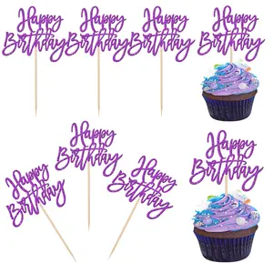 24-Piece Glitter Happy Birthday Cupcake Toppers, Purple Picks for Cake & Party Decorations