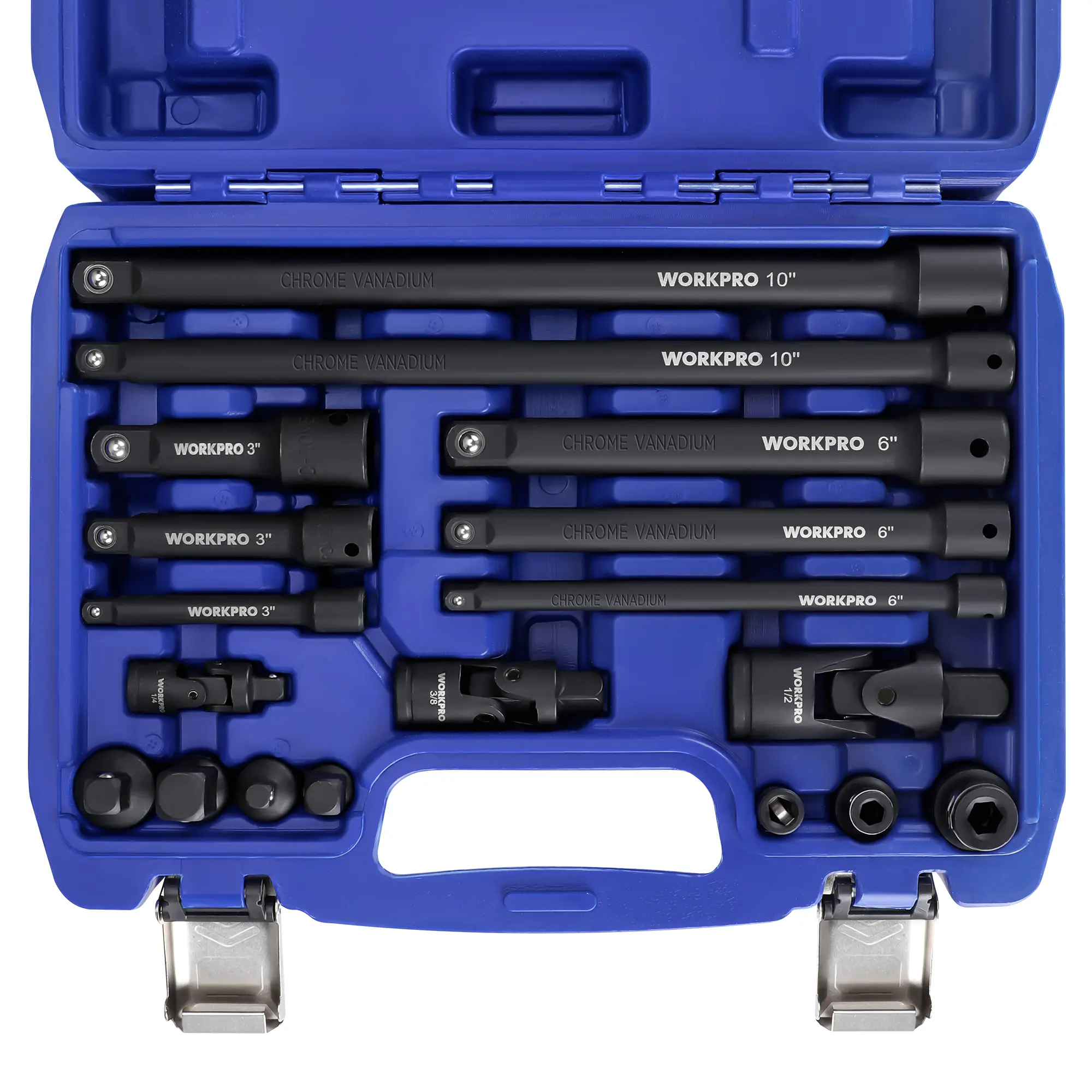 #BacktoSchool WORKPRO 18-Pack Impact Socket Extension Set, Includes Socket Adapters, Ratchet Extension Set, Socket Extension Bar, Swivel Universal Joints and Impact Coupler, 1/4", 3/8" & 1/2" Drive