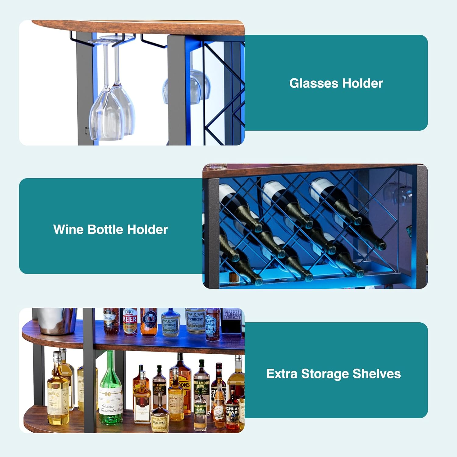 Wine Rack Table with LED Lights & Power Outlets, Floor Liquor Cabinet with Glass Holder, Adjustable Wine Storage, Coffee Bar Table Sideboard for Home, Rustic Brown/Gray Wine Rack Table with LED Lights & Power Outlets, Floor Liquor Cabinet with Glass Holder, Adjustable Wine Storage, Coffee Bar Table Sideboard for Home, Rustic Brown/Gray