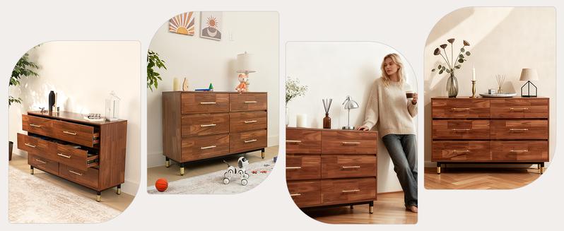 BERRY NEST Walnut Dresser for Bedroom, 6 Drawer Brown Wood Dresser with Modern Storage Organizer, Wide Chest of Drawers for Closet, Clothes, Living Room