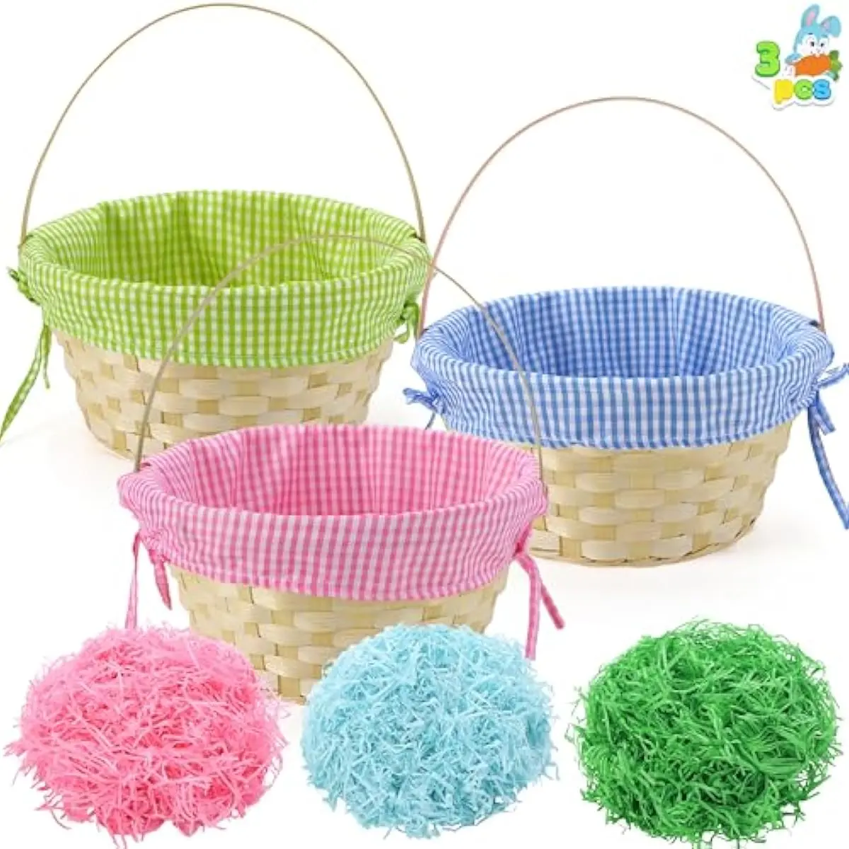 3 PCS Easter Bamboo Baskets with Plaid Lining and Handle and 3 Colors Grass Paper Shreds for Easter Egg Hunt, Kids Party Treats, Filling with Party Favors (Blue, Pink, Green)