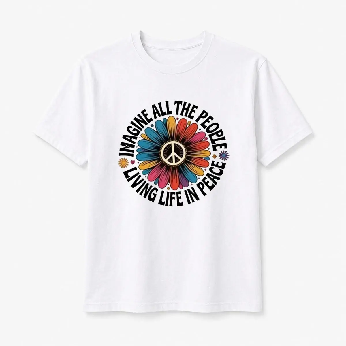 100% Cotton Women's Imagine Peace TShirt Featuring Floral Daisy Peace Sign Design Perfect for Boho Hippie Style and Music Enthusiasts
