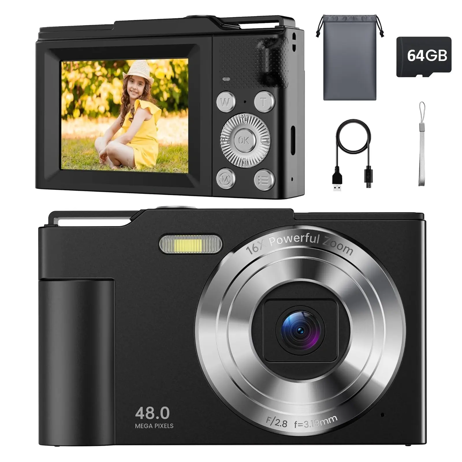 Compact Digital Camera with 16X Digital Zoom, 1080P FHD Video, 2.4" Screen, 64GB SD Card Included, USB Rechargeable 1000mAh Battery, Black, for Travel, Parties, Daily Vlogs & Beginners